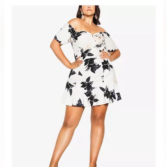 City Chic Off The Shoulder Mini Blue Floral Dress Size 24 XXL - Picture 1 of 7